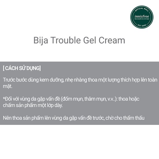 [Mã COSIF05 giảm 10% đơn 400K] Gel dưỡng dành cho da mụn innisfree Bija Trouble Gel Cream 40ml