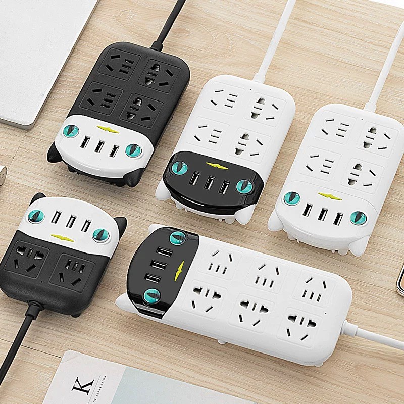 Ổ Cắm Điện Đa Năng Dán Tường Hình Mèo Cute OD-318, 3 Cổng USB Chống Giật Thông Minh Dây