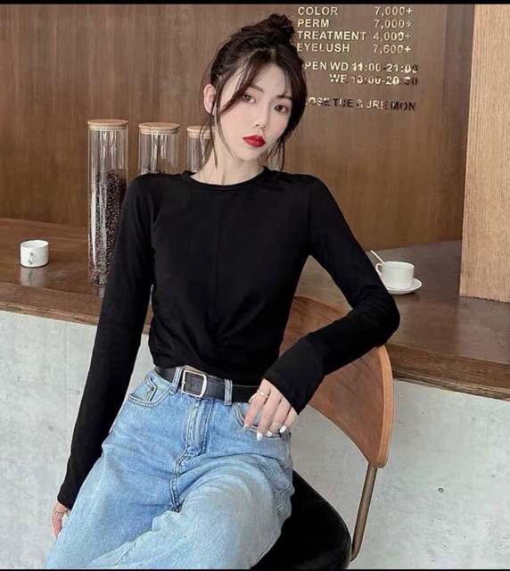 Áo thun dài tay xoắn bụng croptop (kèm ảnh thật)