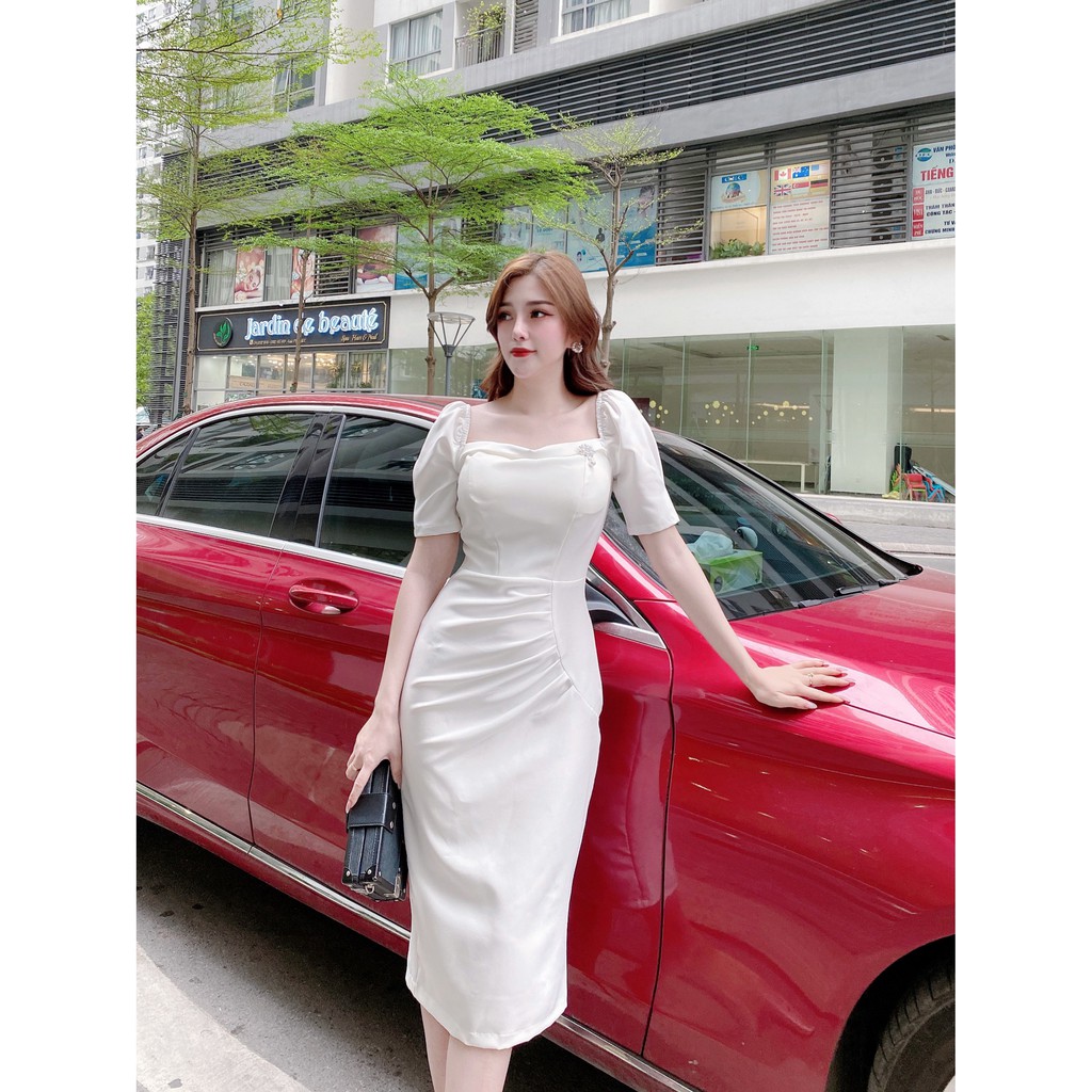 Váy đầm nữ body cổ vuông,dáng ôm tay lửng, cao cấp sang chảnh dự tiệc công sở màu  trắng Nancy A38 | BigBuy360 - bigbuy360.vn