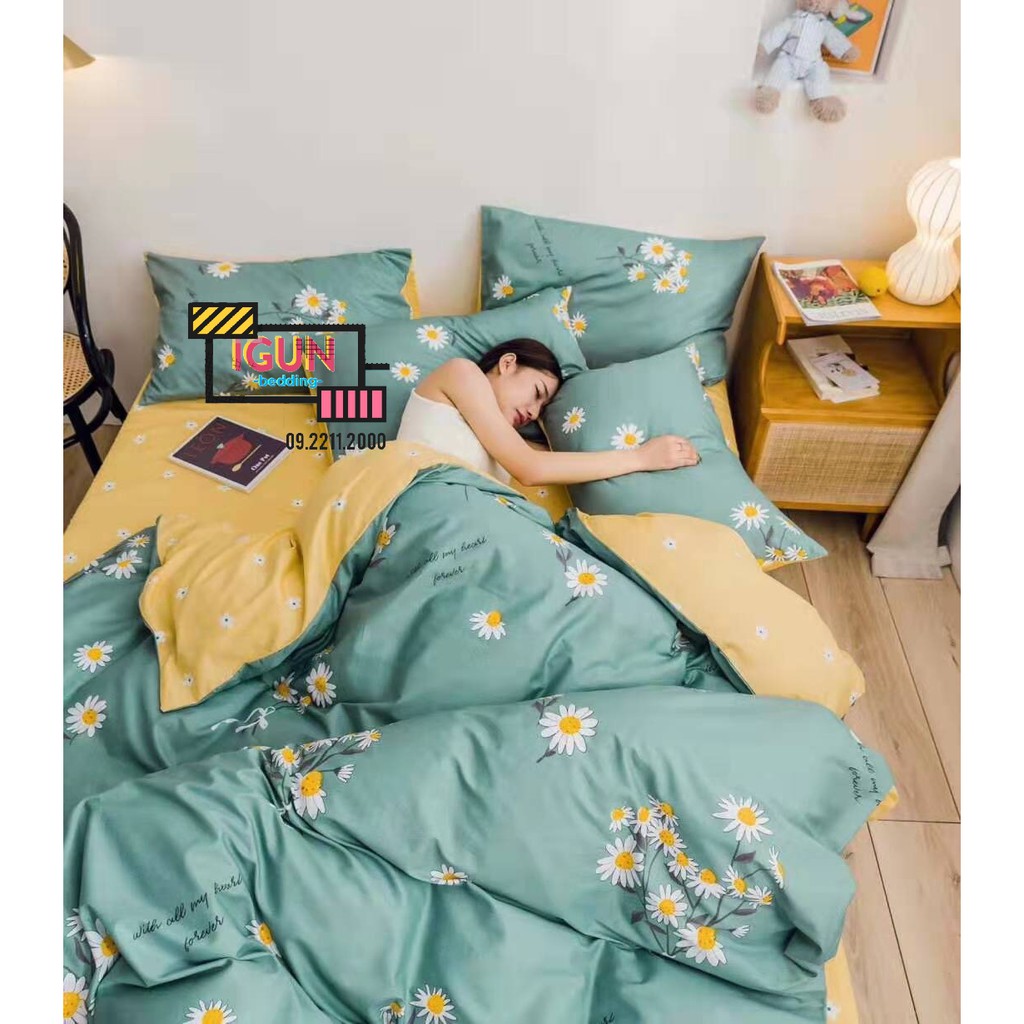 Bộ Chăn Ga Gối 4 món COTTON 100% Hàn - Organic - Living CÚC HỌA MI XANH LÁ VÀNG
