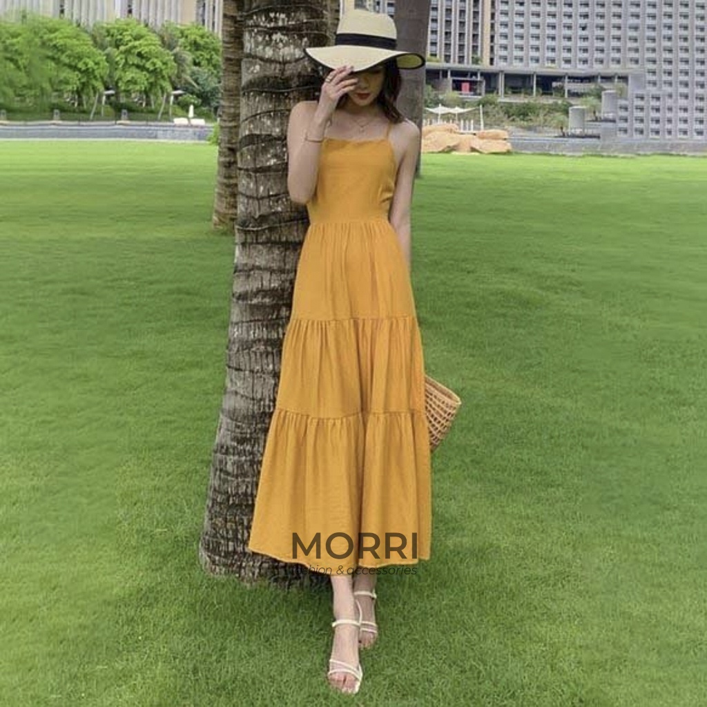 Đầm Đi Biển - Váy Đầm Maxi Dài Dáng Xòe Hai Dây Cổ Vuông Đan Dây Thiết Kế Siêu Xinh