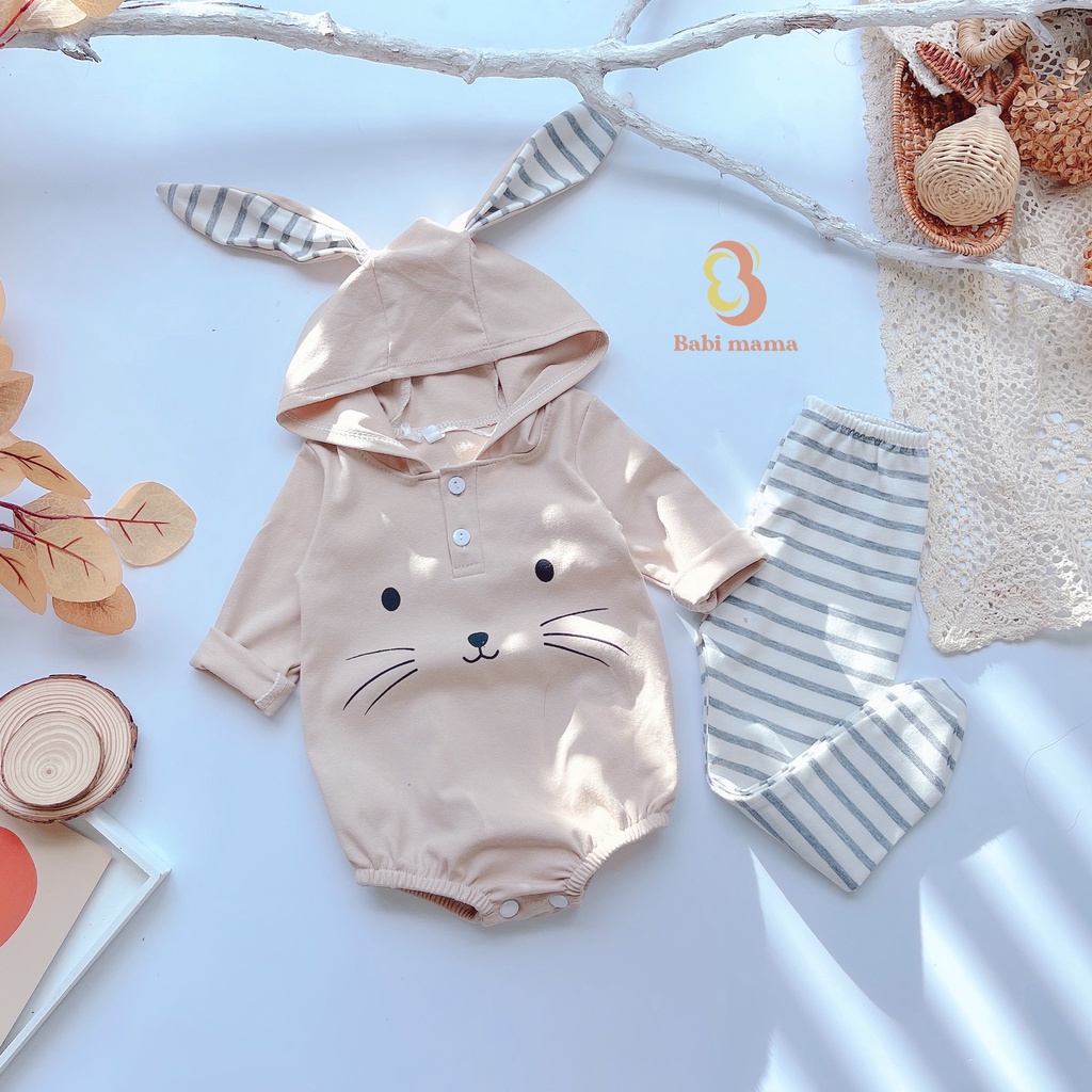 Quần Áo Trẻ Em Sơ Sinh Babi mama Bộ Đồ Bé Gái Body Rời Cotton Dài Tay Mũ Tai Thỏ Size 4-15kg SS06