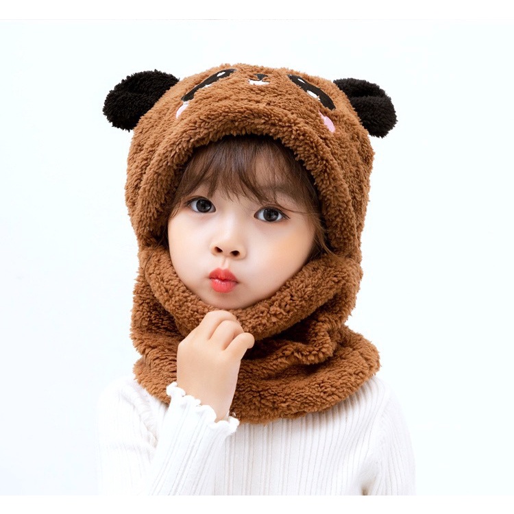 Mũ lông tai gấu kèm khăn quàng cổ 2 trong 1 ấm áp phong cách hoạt hình gấu Panda cute cho bé