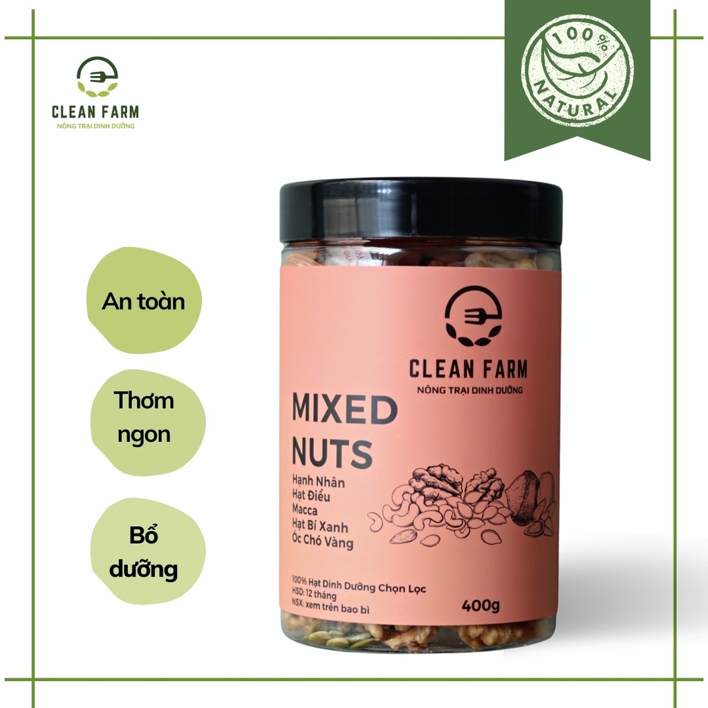 MIXED NUT 5 Loại Hạt Cao Cấp CLEAN FARM - Hạnh nhân, Hạt điều nguyên hạt, macca, bí xanh, óc chó vàng