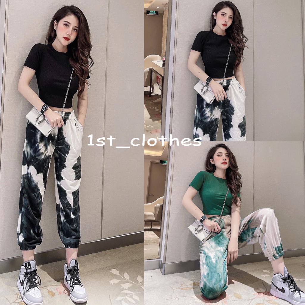 Set Áo Croptop Thể Thao Cộc Tay Mix Quần Boom Loang Cao Cấp