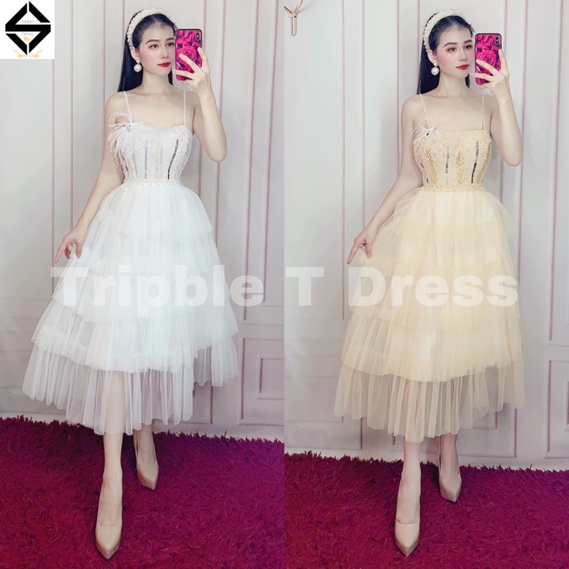 Đầm dự tiệc công chúa hai dây dún lưới kết đá pha lê TRIPBLE T DRESS - size M/L - MS352V
