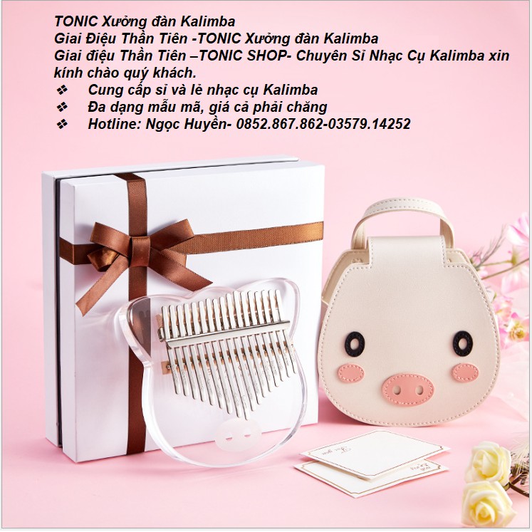 [Qùa tặng] Hộp quà đàn kalimba 17 phím Pha lê trong suốt Pig &amp; Cat Little IM11378- Đầy đủ phụ kiện, Âm vang ấm