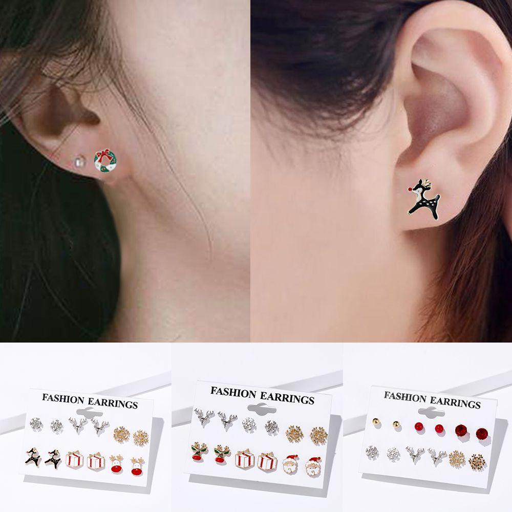Bộ 6 Đôi Khuyên Tai Kim Loại Họa Tiết Tuần Lộc Giáng Sinh|Phụ Kiện Trang Trí Hình Người Tuyết / Hươu / Nai Sừng Tấm Độc Đáo