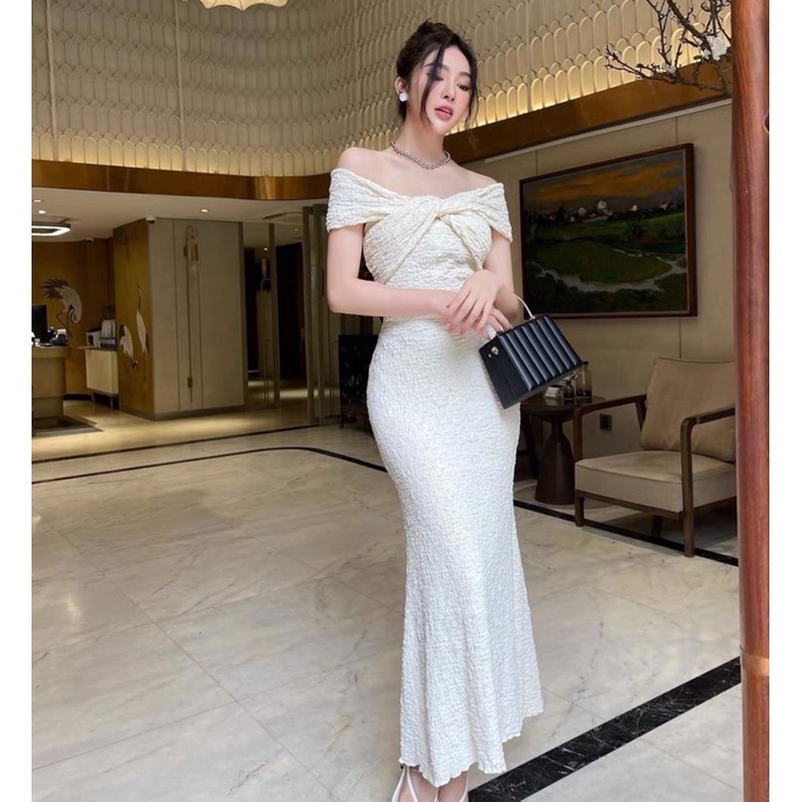 (Siêu Hót) Váy Trắng Trễ Vai Nhăn Xoắn Ngực ôm Body siêu tôn dáng (kèm ảnh thật ) | BigBuy360 - bigbuy360.vn