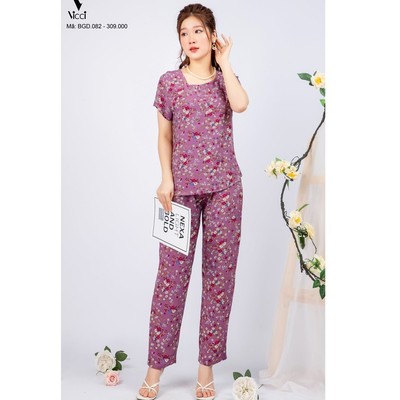 Bộ đồ mặc nhà trung niên lanh nhung Vicci áo cộc,quần dài BGDM.082
