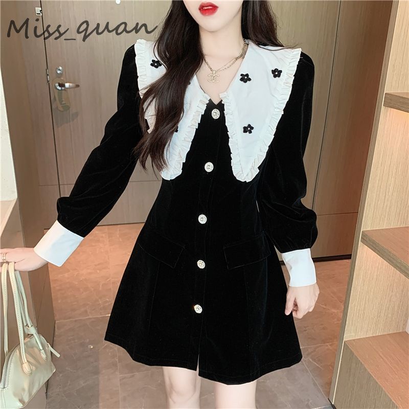 Đầm Mini Tay Dài Cổ Peter Pan Màu Đen Phong Cách Vintage Thanh Lịch Cho Nữ