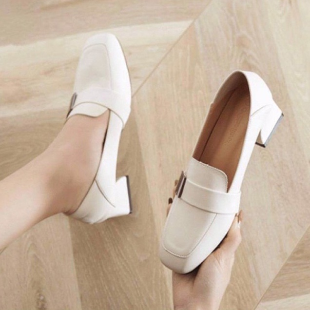 GIÀY DA MỀM 5P KHUY VUÔNG | TRẮNG NÂU ĐEN