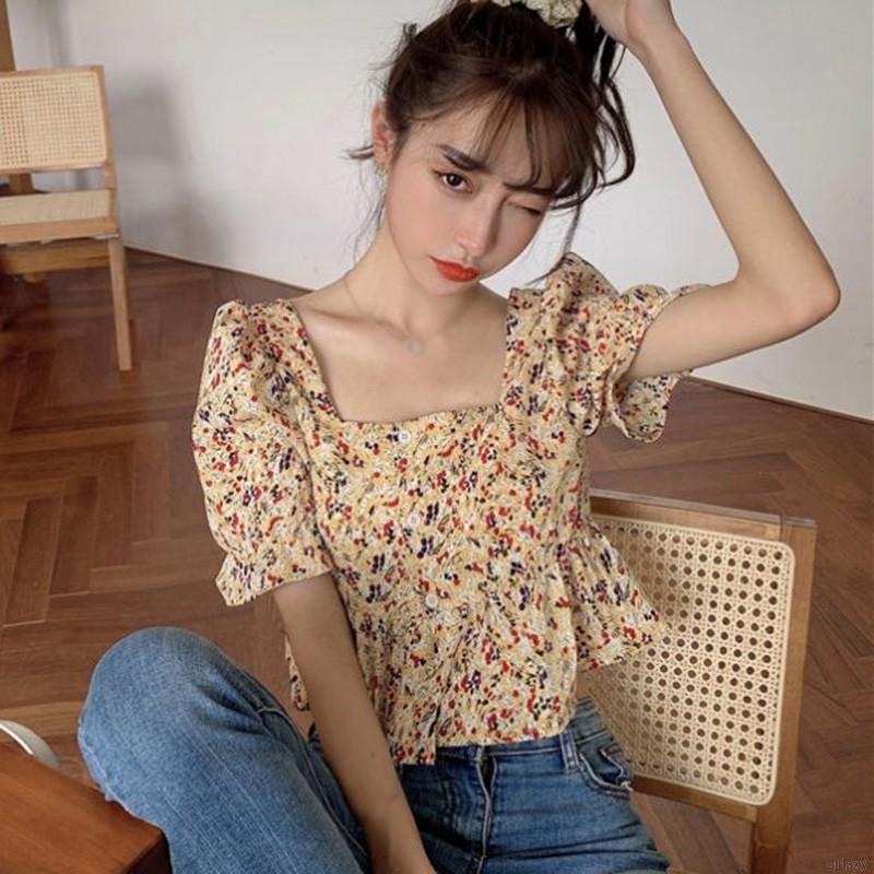Áo Kiểu Chiffon Cổ Vuông In Họa Tiết Hoa Xinh Xắn Phong Cách Hàn Quốc