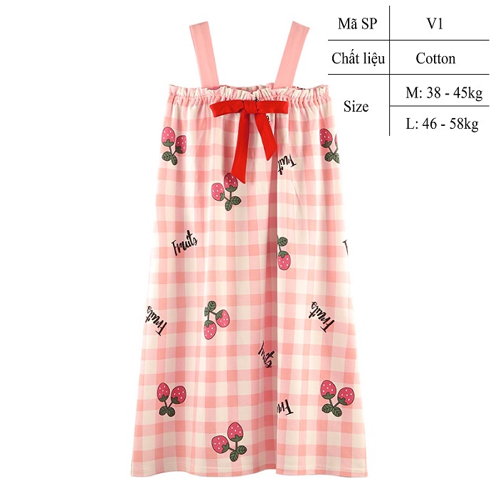 Váy ngủ cotton cao cấp 2 dây đẹp mặc nhà siêu cute dễ thương – V1