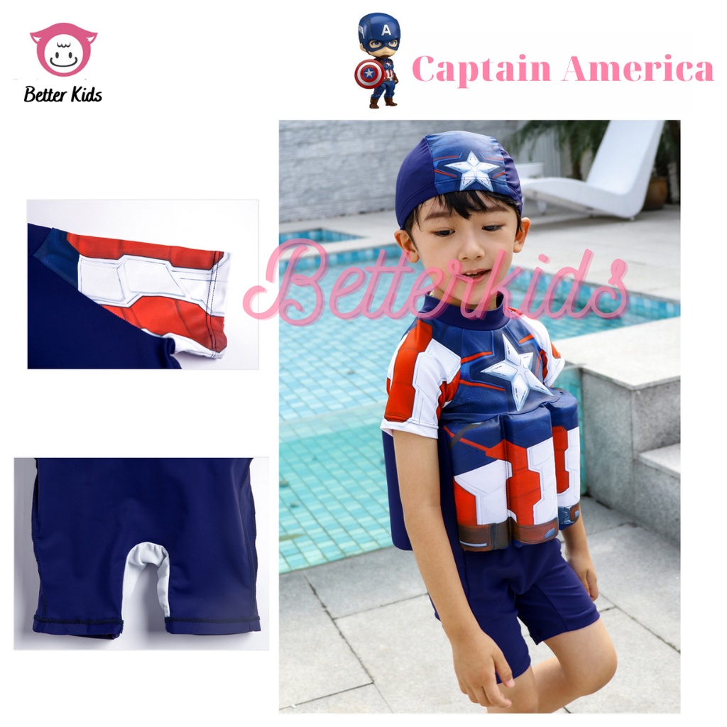 Đồ Bơi Captain America Cho Bé Kèm Mũ Và Phao Trợ Nổi