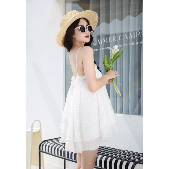 Đầm nữ đi chơi paris set có bigsize  vải voan kẻ trắng thiết kế cổ yếm bèo Caocaobycaochen 2 màu trắng be