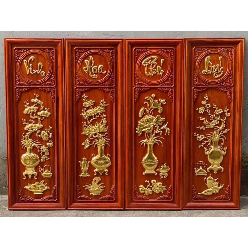 Tranh tứ quý tích tùng cúc trúc mai gỗ hương dát vàng