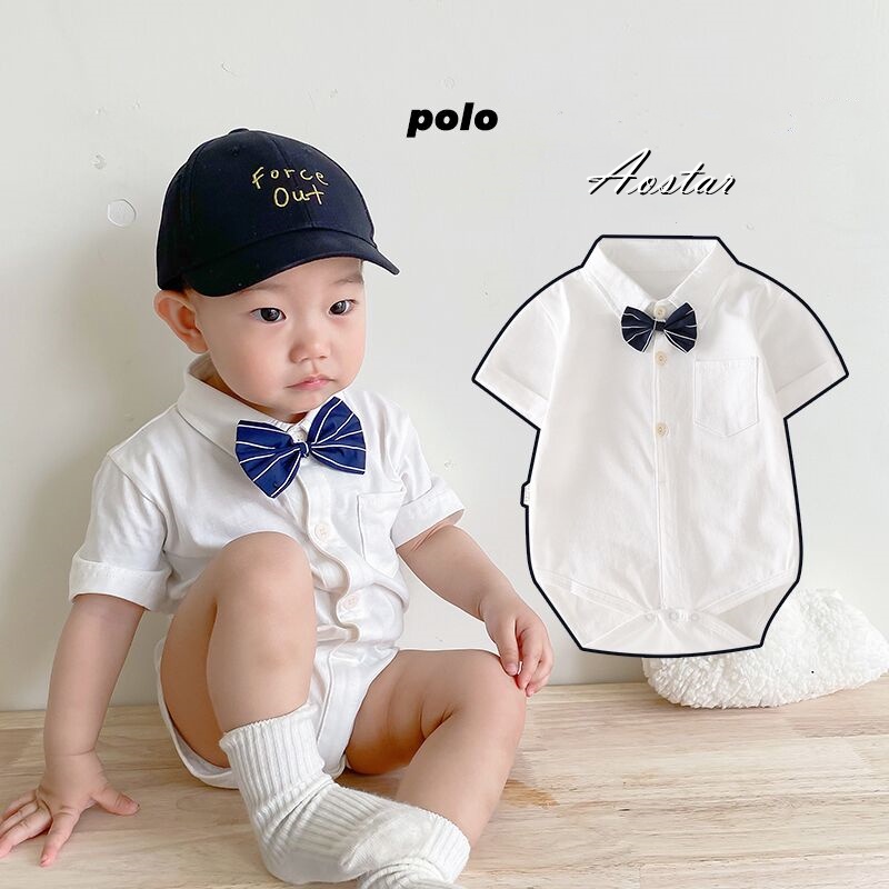 Aostar✨Bộ Áo Liền Quần Vải cotton Cổ polo Đính Nơ Quý Ông Dành Cho Bé Trai
