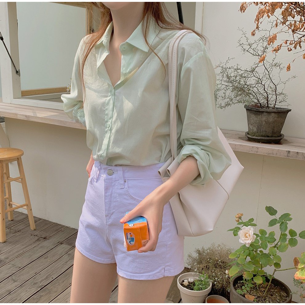 Áo sơ mi peppermint 44747 thiết kế cơ bản tay dài cổ polo phong cách Hàn Quốc dành cho nữ