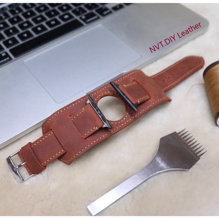 Dây đeo Bundstrap thay thế Apple Watch da bò sáp Nâu đỏ handmade