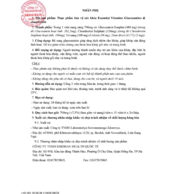 VIÊN UỐNG TÁI TẠO SỤN KHỚP GLUCOSAMINE SIBERI