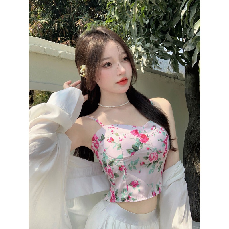 Áo Hai Dây Họa Tiết Hoa Phong Cách Retro Mùa Hè