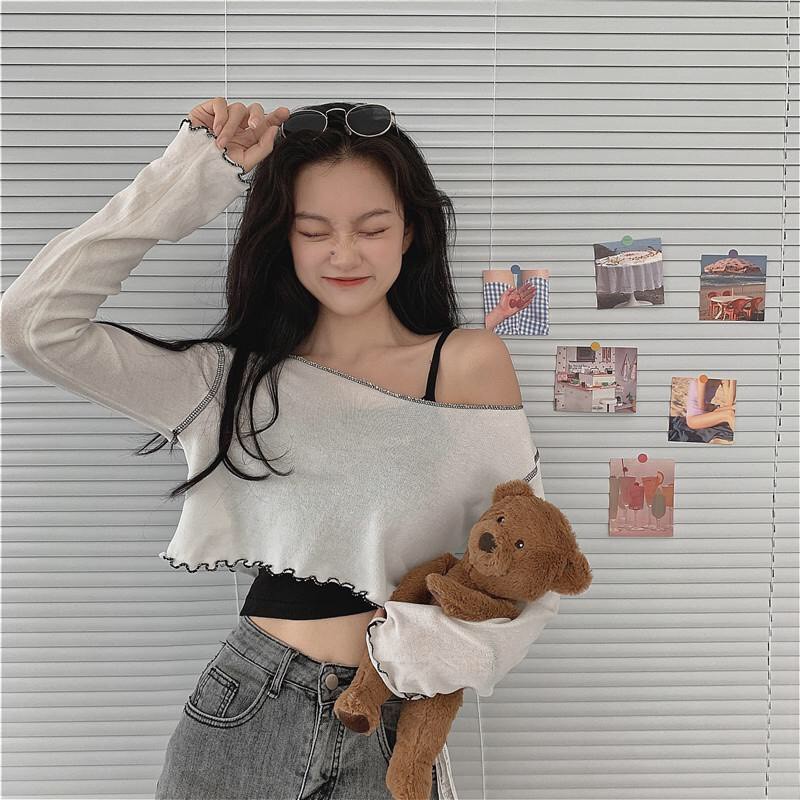 (SHOCK RẺ) SET CROPTOP LỆCH VAI VIỀN BÈO NỮ - ÁO THUN GIẤY CROPTOP DÀI TAY TRẮNG VIỀN CHỈ MIX ÁO 2 DÂY ĐEN | WebRaoVat - webraovat.net.vn