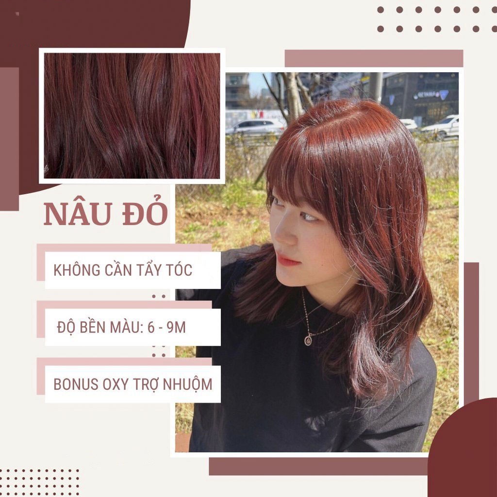 Thuốc Nhuộm Tóc Màu NÂU ĐỎ Không Tẩy tặng kèm oxy trợ nhuộm găng tay mũ ủ tiện lợi