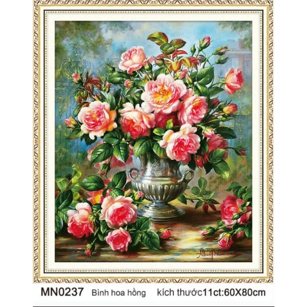 Tranh thêu kín hoa hồng KT:60x80cm,tranh chưa thêu,tặng kéo và xỏ chỉ