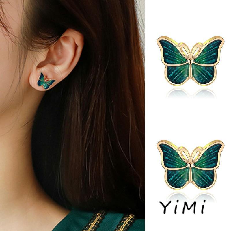 Bộ bông tai hình bướm màu xanh lá dầu đơn giản thời trang không gây dị ứng cho nữ
