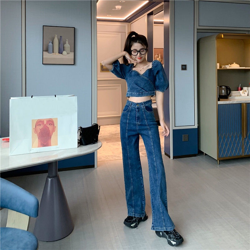 Set áo sơ mi denim + quần ống rộng thời trang Hàn Quốc phong cách retro cho nữ 2021