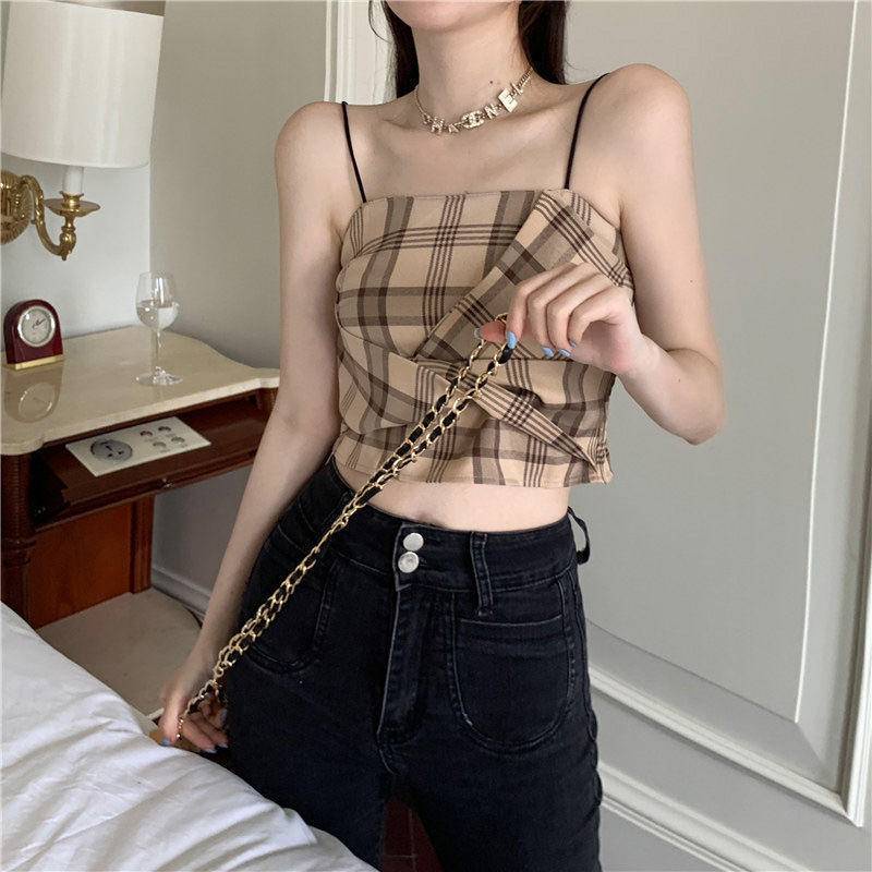 Áo Hai Dây Nữ Mùa Hè Kẻ Sọc Retro Gợi Cảm Kiểu Mỹ