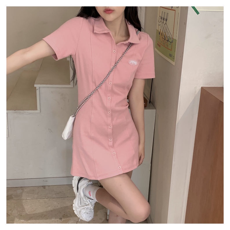 Đầm tay ngắn cổ bẻ phong cách Hàn Quốc thời trang trẻ trung năng động cho nữ