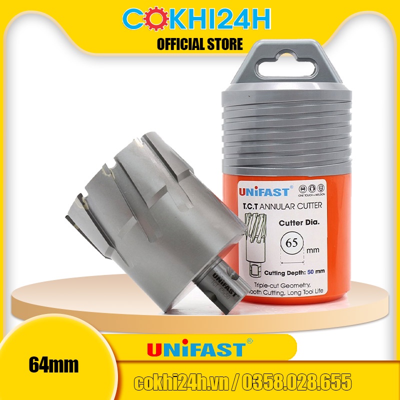 Mũi khoan từ rút lõi phi 65mm Unifast HSS 65x25 / TCT 65x35 / TCT 65x50