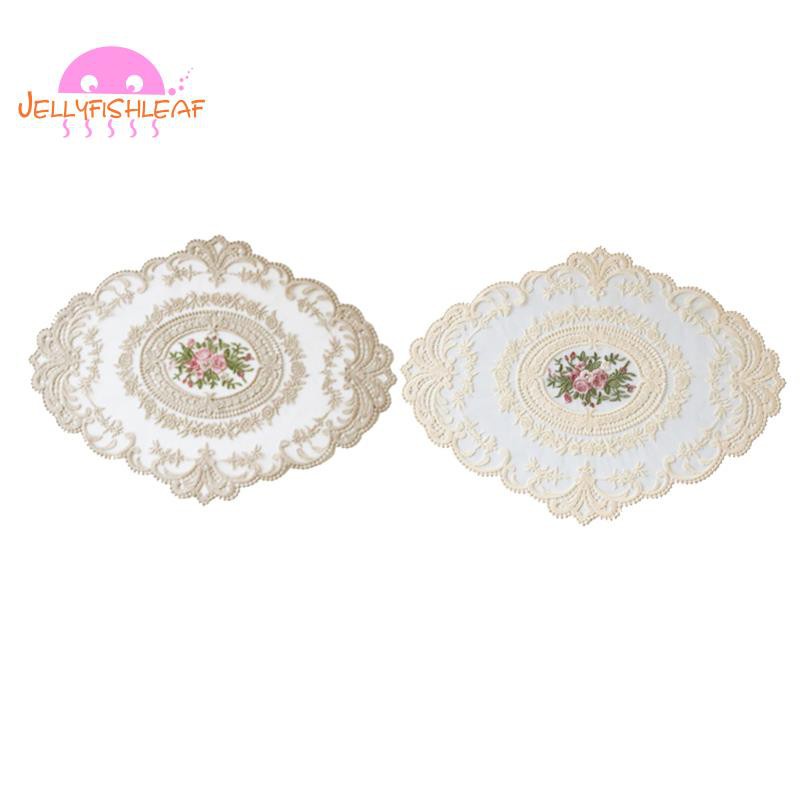 European Oval Embroidered Lace Fabric Transparent Placemat Coaster Coffee Table Mat Furniture Cover Cloth Gray