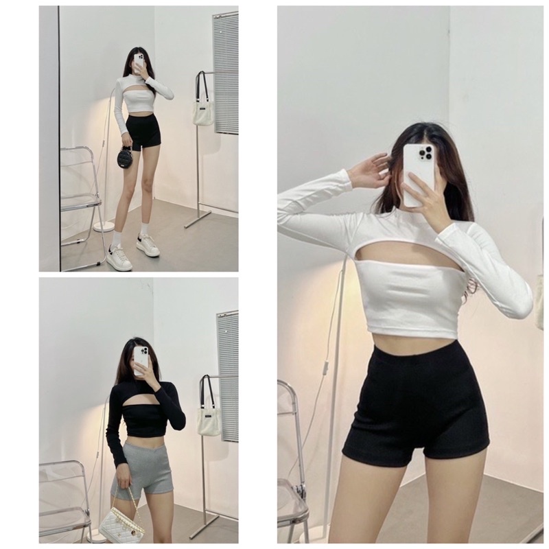 Áo Croptop Tay Dài Khoét Ngực Chất  Form Chuẩn Ôm Body 2 Màu Hot Hit Ulzzang