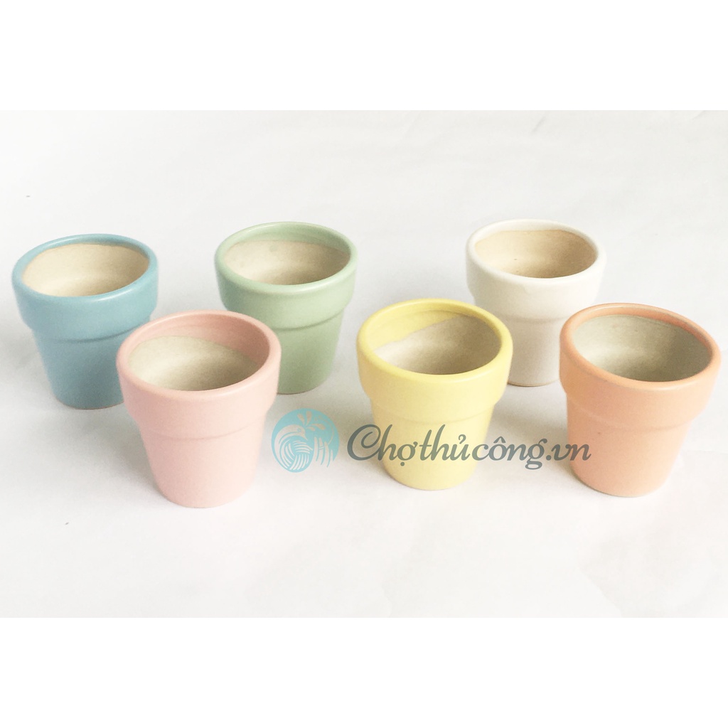 Combo 6 Chậu gốm nhỏ C7xR7cm 6 màu pastel, chậu gốm men mát Bát Tràng có lỗ vintage trồng sen đá, xương rồng, decor