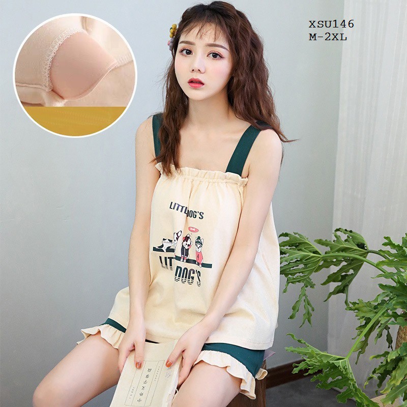 XẢ HÀNG XSU146 Bộ ngủ 2 dây thun cotton cho nữ