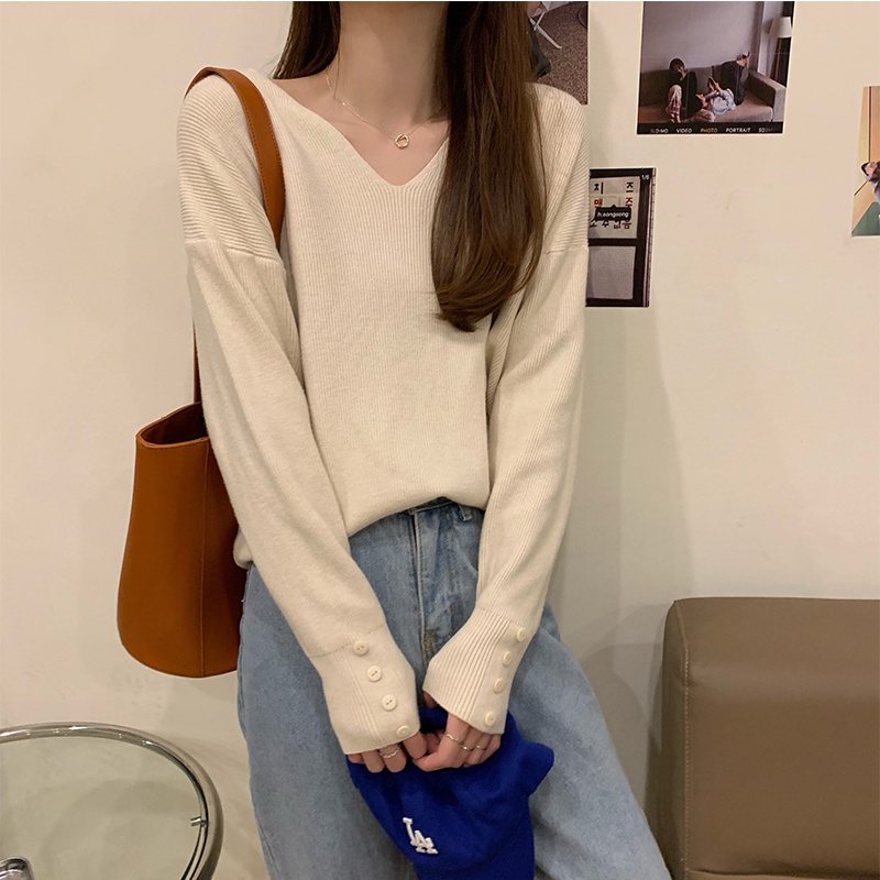 Áo Sweater Dệt Kim Cổ Chữ V Tay Dài Dáng Rộng Phong Cách Mới 45164