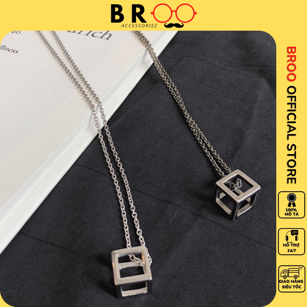 Dây chuyền cube unisex mặt khối lập phương rỗng BROO màu bạc, vòng cổ hiphop nam nữ titan không rỉ