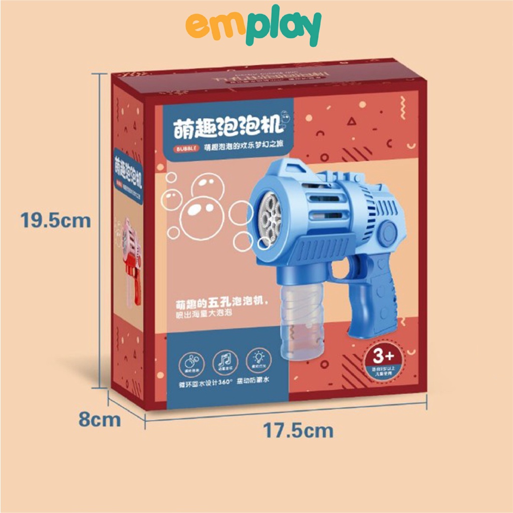 Súng bắn bong bóng xà phòng đồ chơi Emplay cho bé thiết kế 5 nòng cỡ bự cao cấp có đèn và nhạc, làm từ nhựa ABS cao cấp