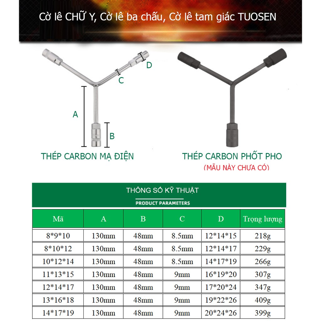 Cờ lê CHỮ Y TUOSEN, Cờ lê ba chấu, Cờ lê tam giác chất liệu thép carbon mạ điện và thép phốt pho với 12 kích thước.