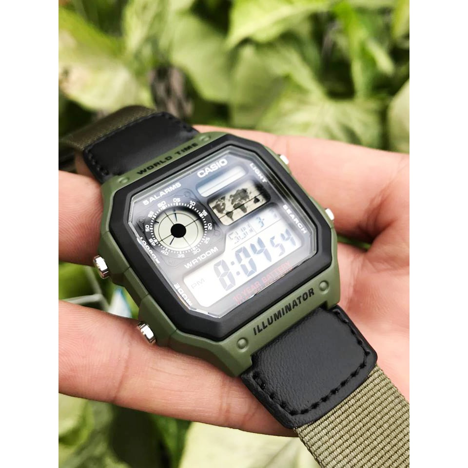 Đồng hồ nam CASIO AE-1200WHB-3BVDF Chính hãng Dây vải dù - Màu xanh quân đội - PIN 10 năm | BigBuy360 - bigbuy360.vn