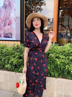 Bigsize đầm Cherry xẻ tà 60kg-90kg