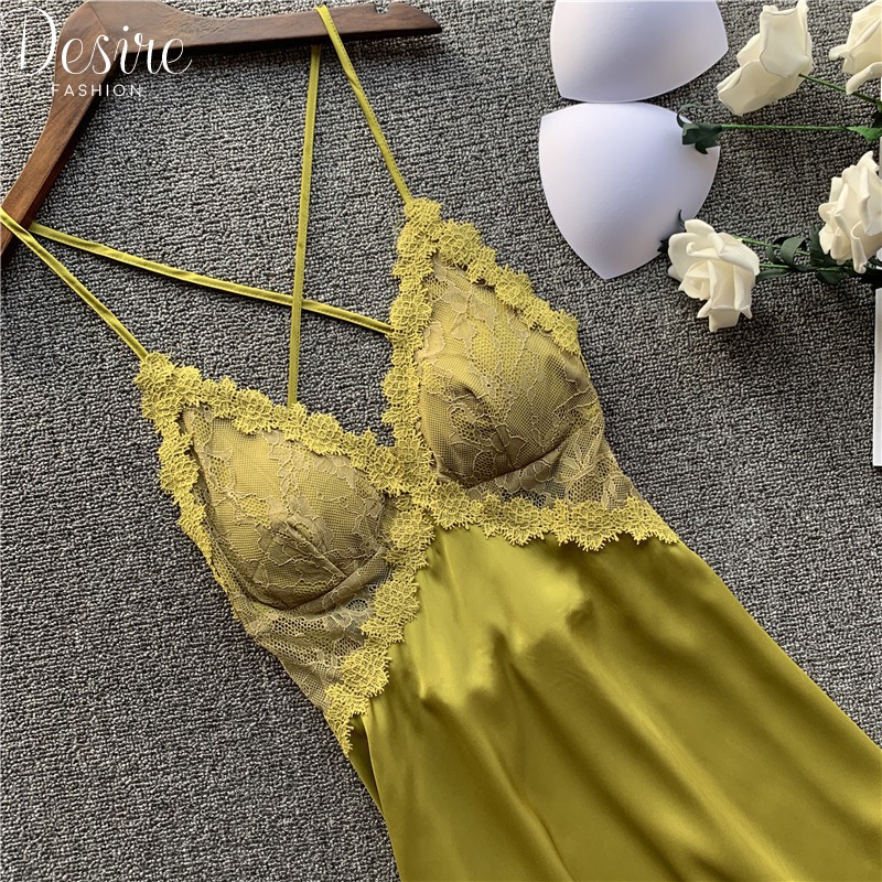[Sale hàng lẻ size]Váy ngủ lụa chéo lưng phối ren VNN-0095