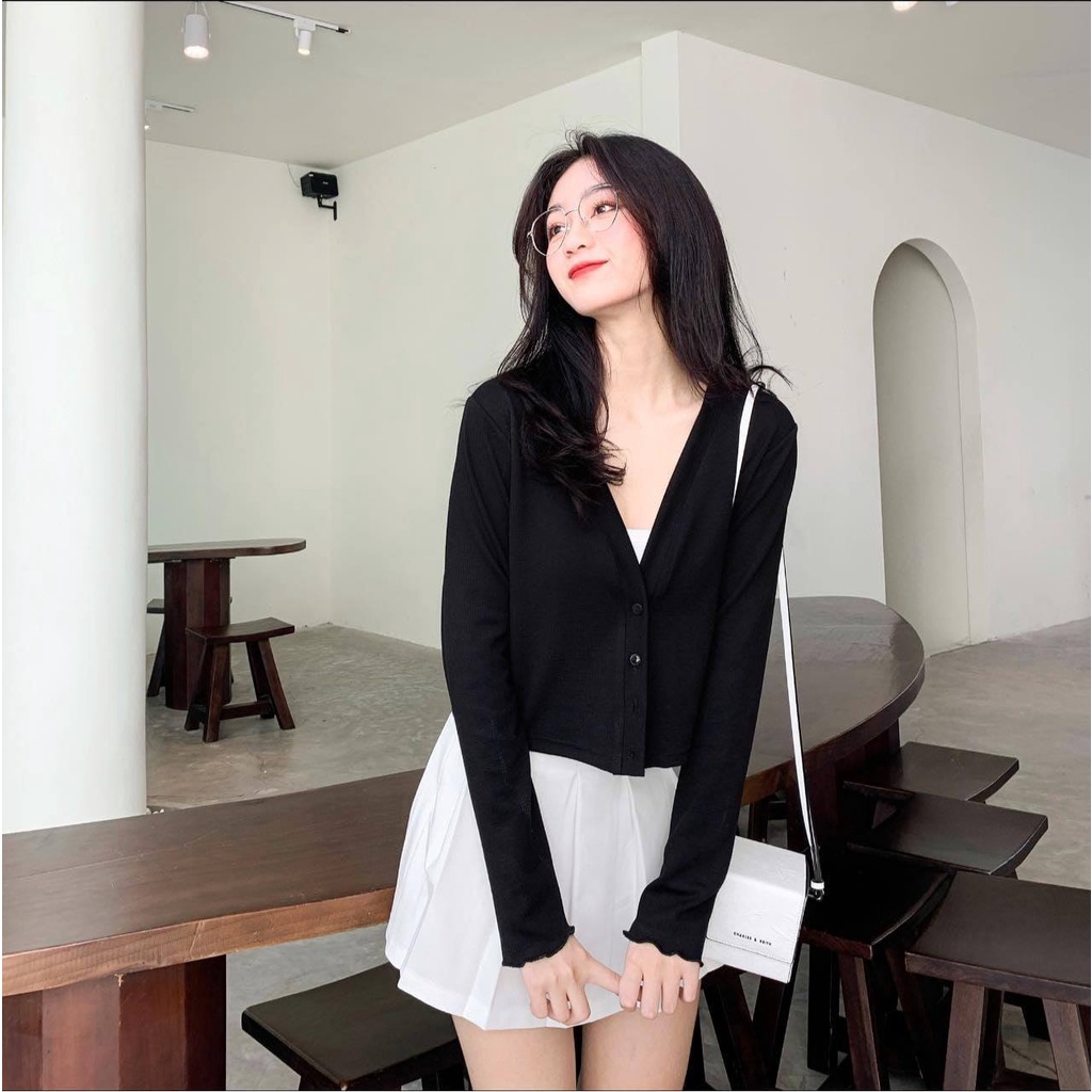 Áo Cardigan Cúc Trơn Ngắn PEONYB Nữ [FREESHIP]  Khoác thun mỏng croptop màu TRẮNG | ĐEN | XANH cá tính Ulzzang