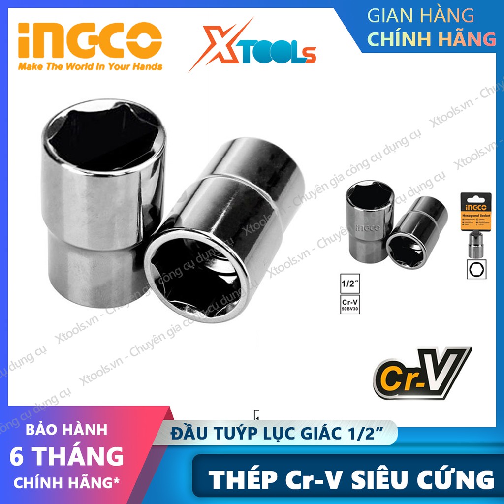 Đầu tuýp lục giác 1/2 inch đủ kích cỡ INGCO  đầu khẩu thép Cr-V siêu cứng chống rỉ sét mở bulong ốc, đầu tiếp lục giác