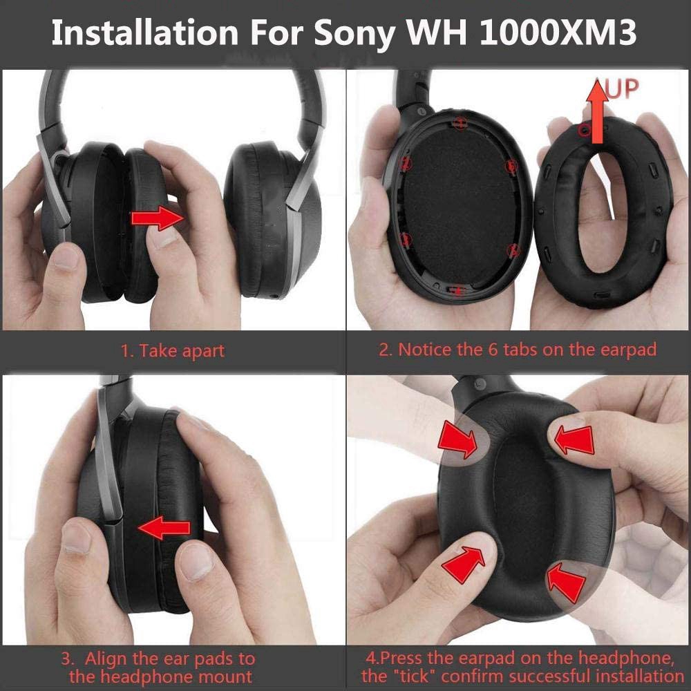 For Sony WH1000XM3 Ear Pads Cushions Replacement - Earpads Compatible Over-Ear Headphones Soft Protein Leather/Noise Isolation Memory Foam(Plastic Ring/Tuning Cotton)