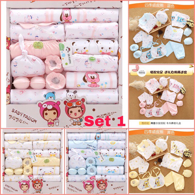 ( tặng giỏ đựng ) Sét sơ sinh cho be 18 món 100% cotton cao cấp .